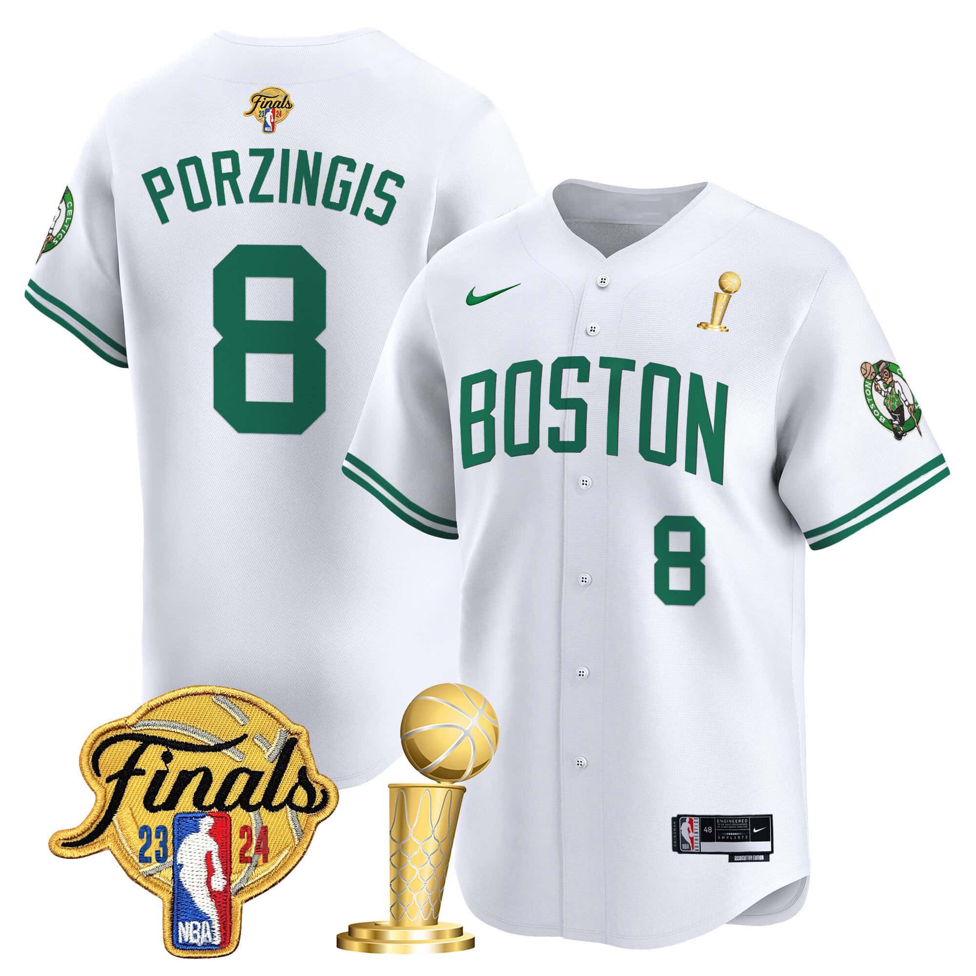 Men Boston Celtics 8 Porzingis White 2024 Nike Final & Champions Patch Baseball NBA Jersey
